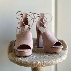 ~ pretty pink suede platform heels ~